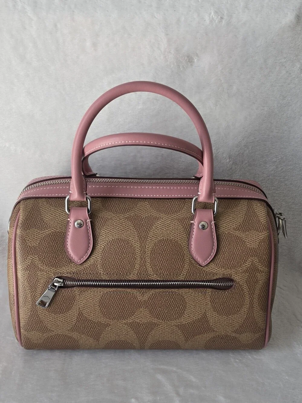 COACH Brown Signature Canvas Satchel with Pink Trim